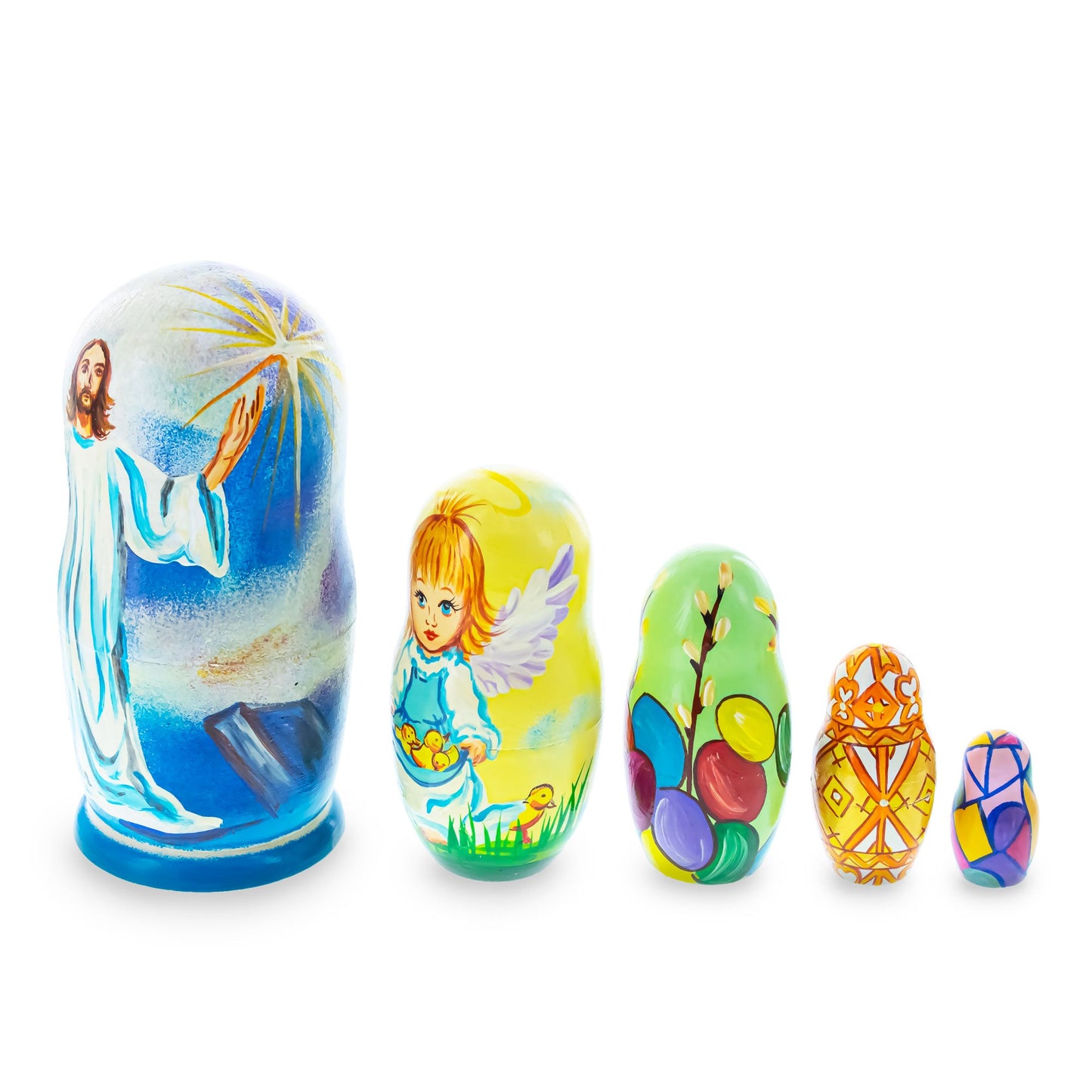 Set of 5 Jesus Christ Rising, Angel and Easter Eggs Wooden Nesting Dolls 6 Inches