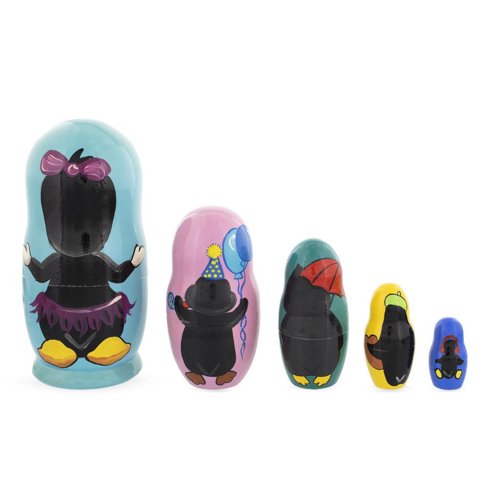 Set of 5 Penguins Wooden Nesting Dolls 6 Inches