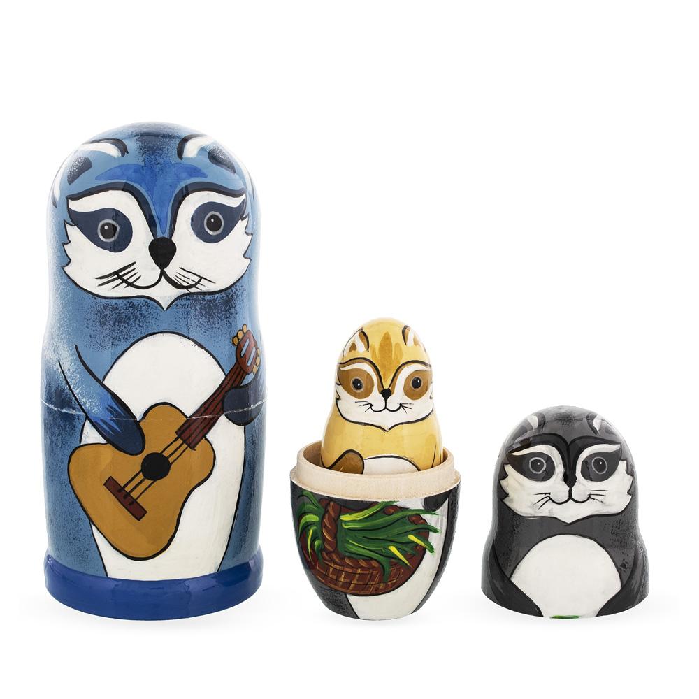 Set of 5 Raccoon Family Wooden Nesting Dolls 6 Inches