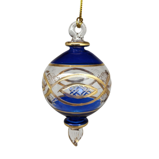 Etched Sphere Glass With Gold Accents - Cobalt