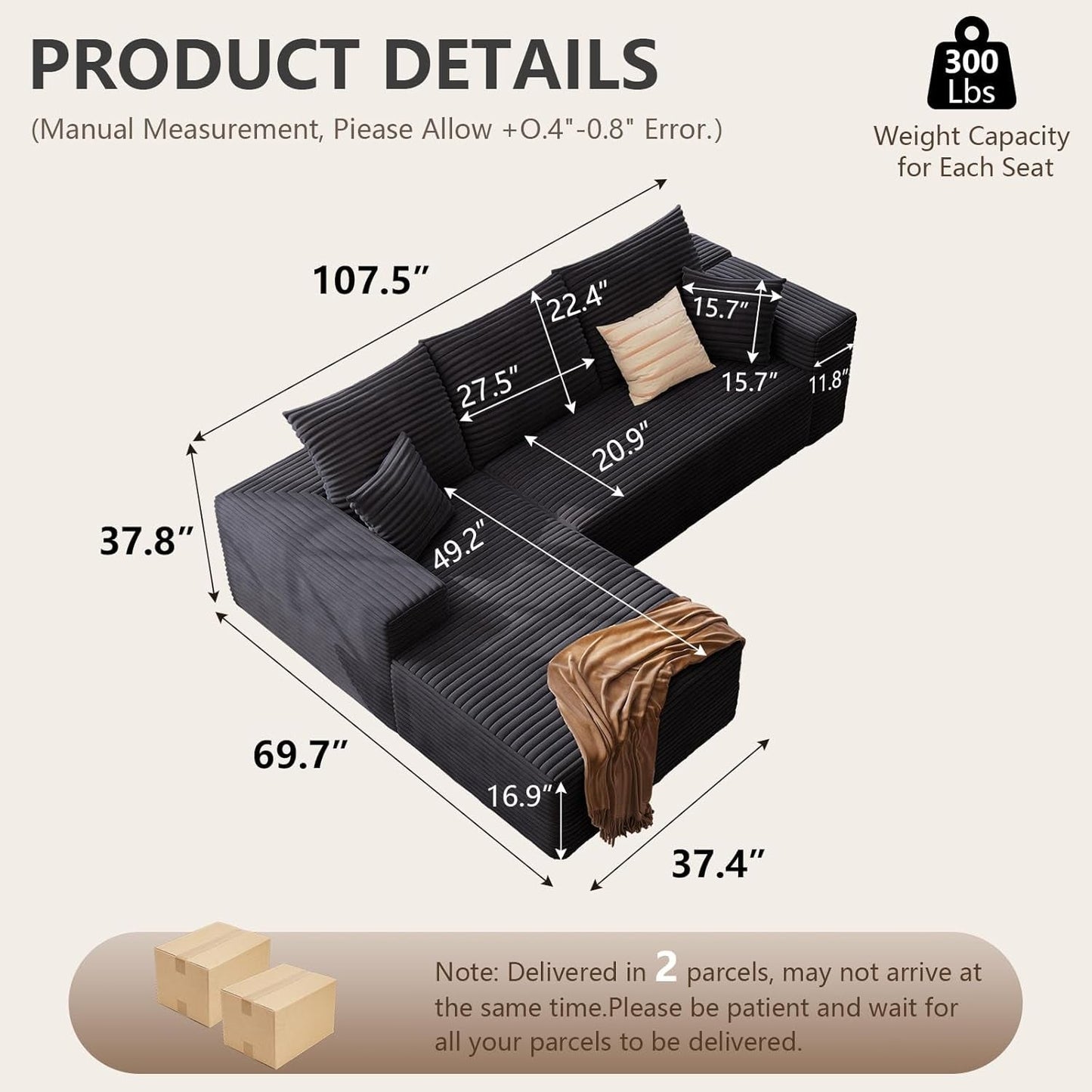 Modern 107 Inch Cloud Sectional Couch with Chaise