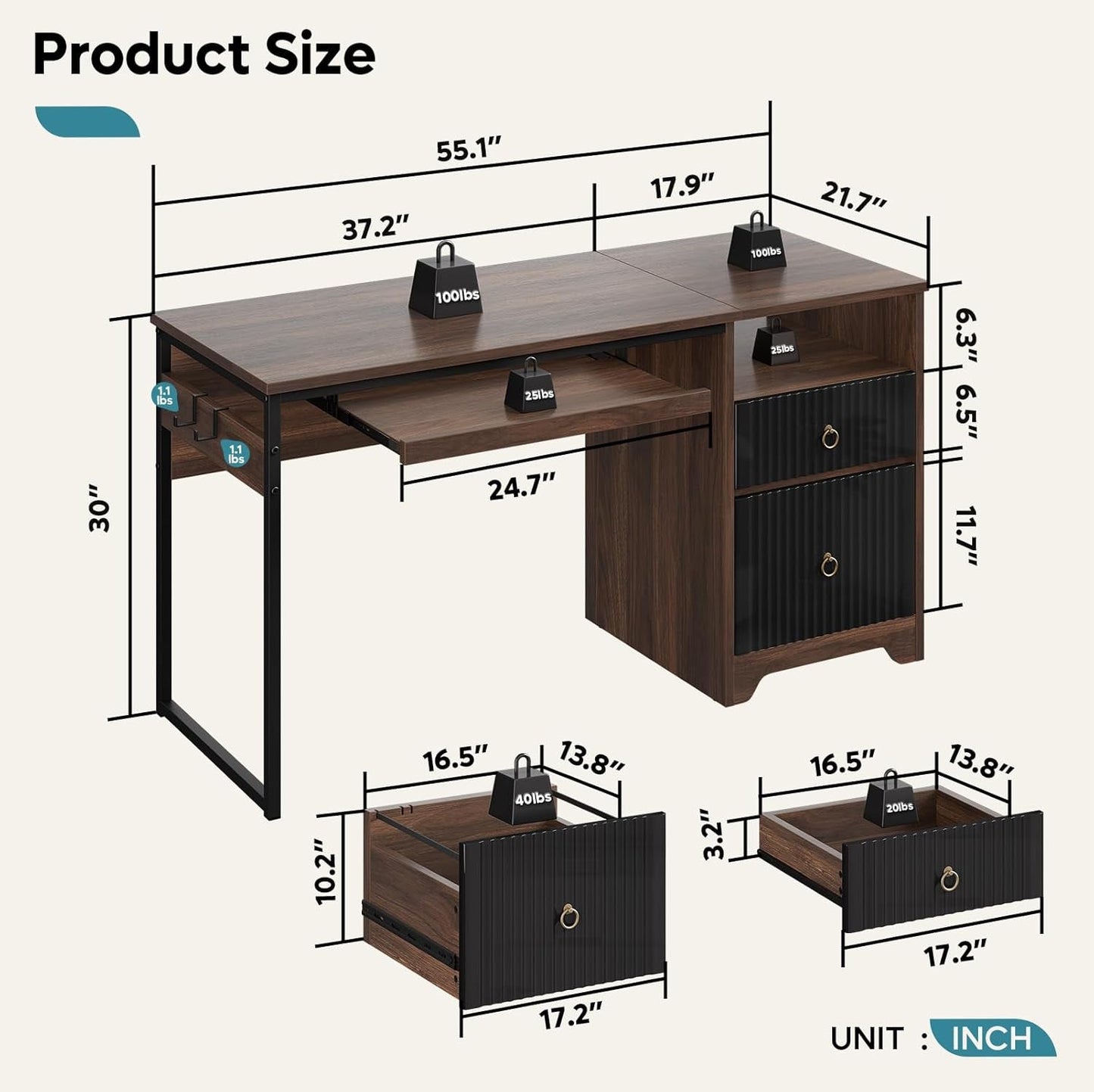 Modern 55 Inch Computer Desk with Storage and Tray