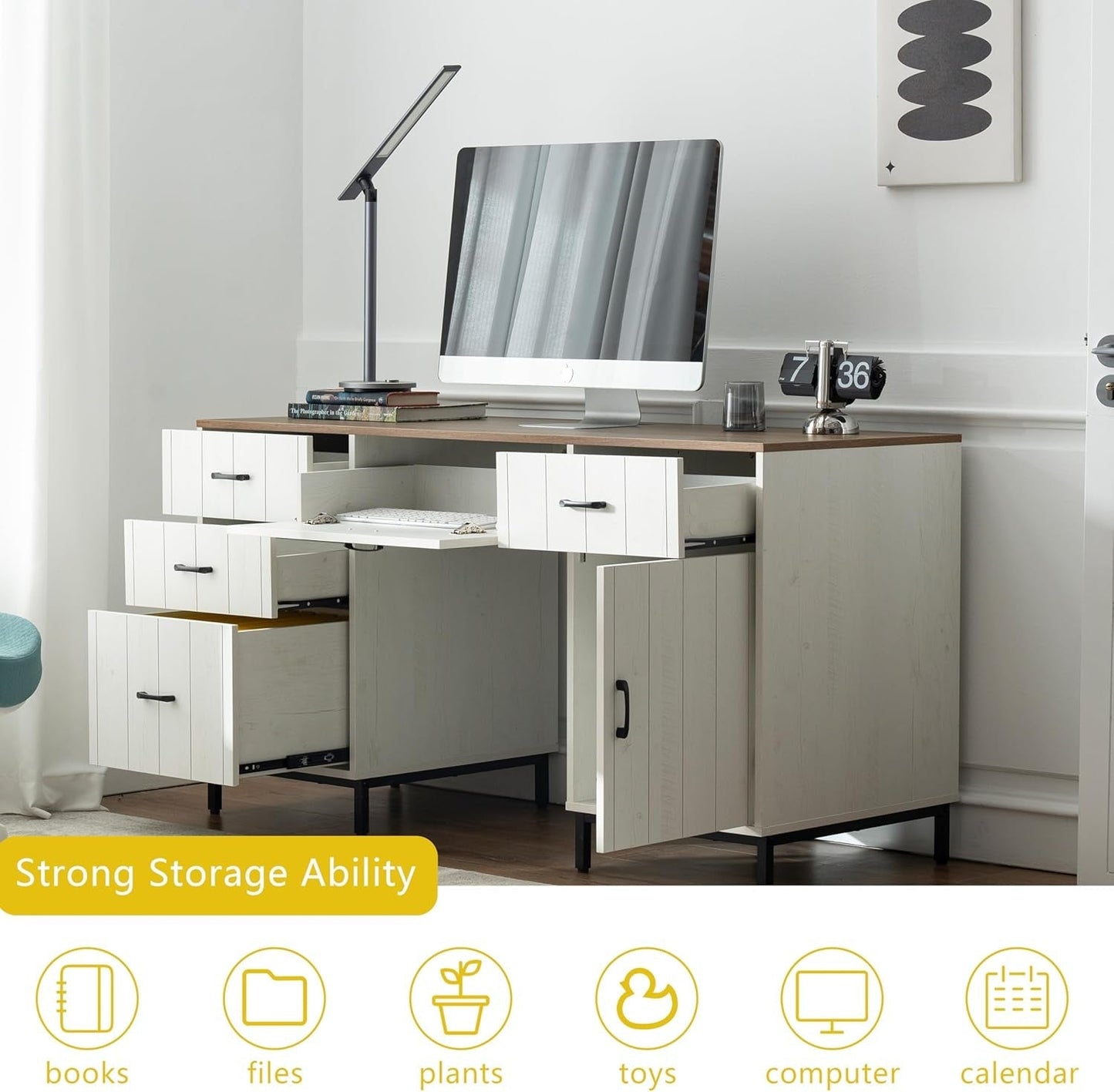 Modern 55 Inch Executive Desk with Charging Station