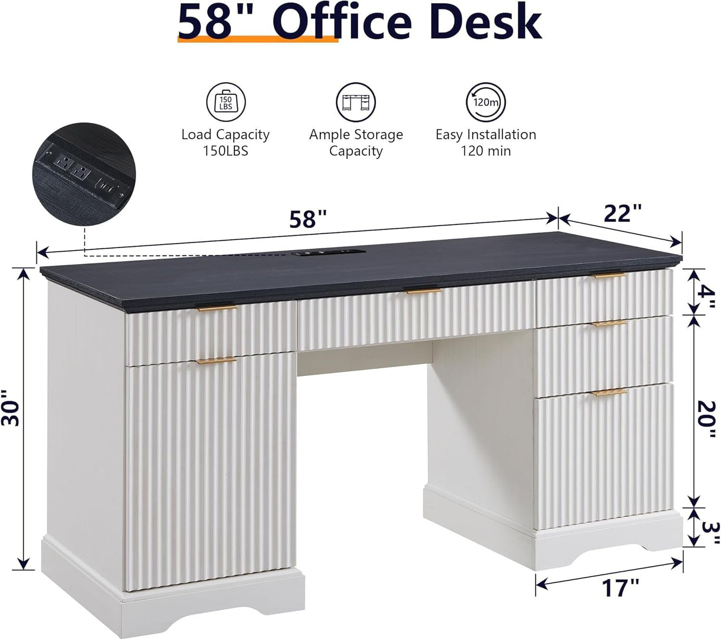 Modern 58 Inch Executive Desk with Storage and Drawers