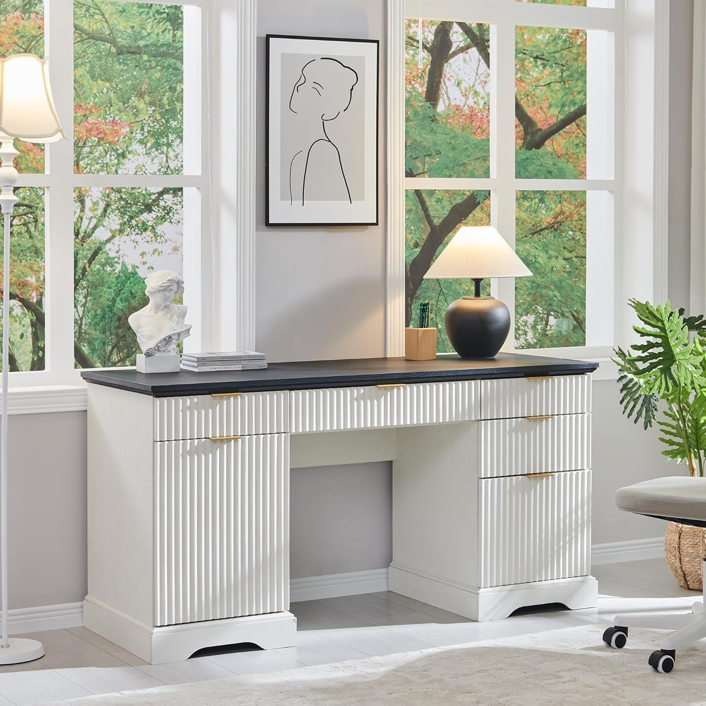 Modern 58 Inch Executive Desk with Storage and Drawers