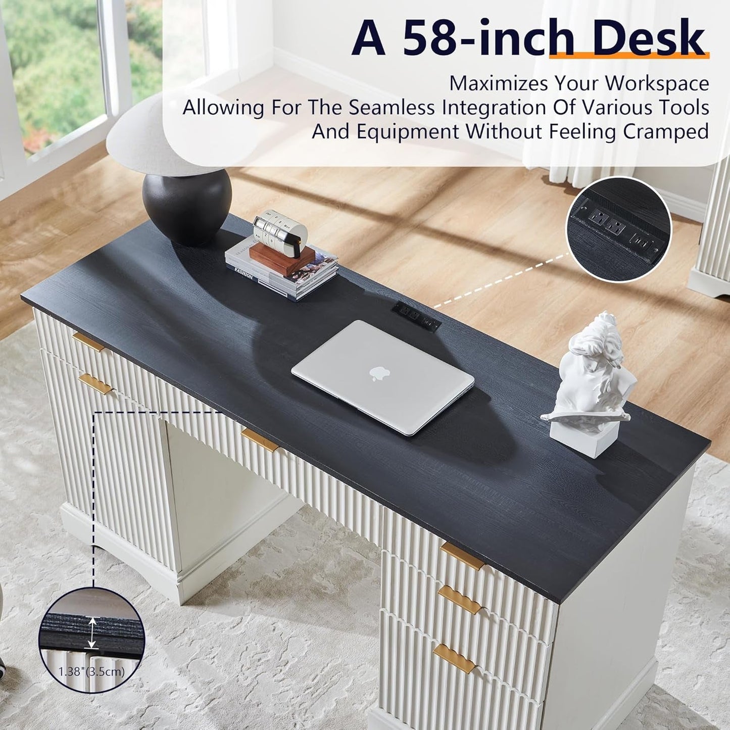 Modern 58 Inch Executive Desk with Storage and Drawers