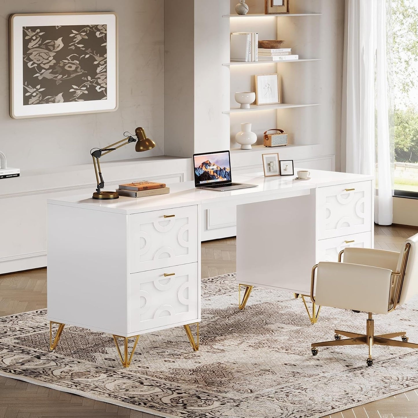 Modern 59 Inch White Executive Computer Desk with Drawers