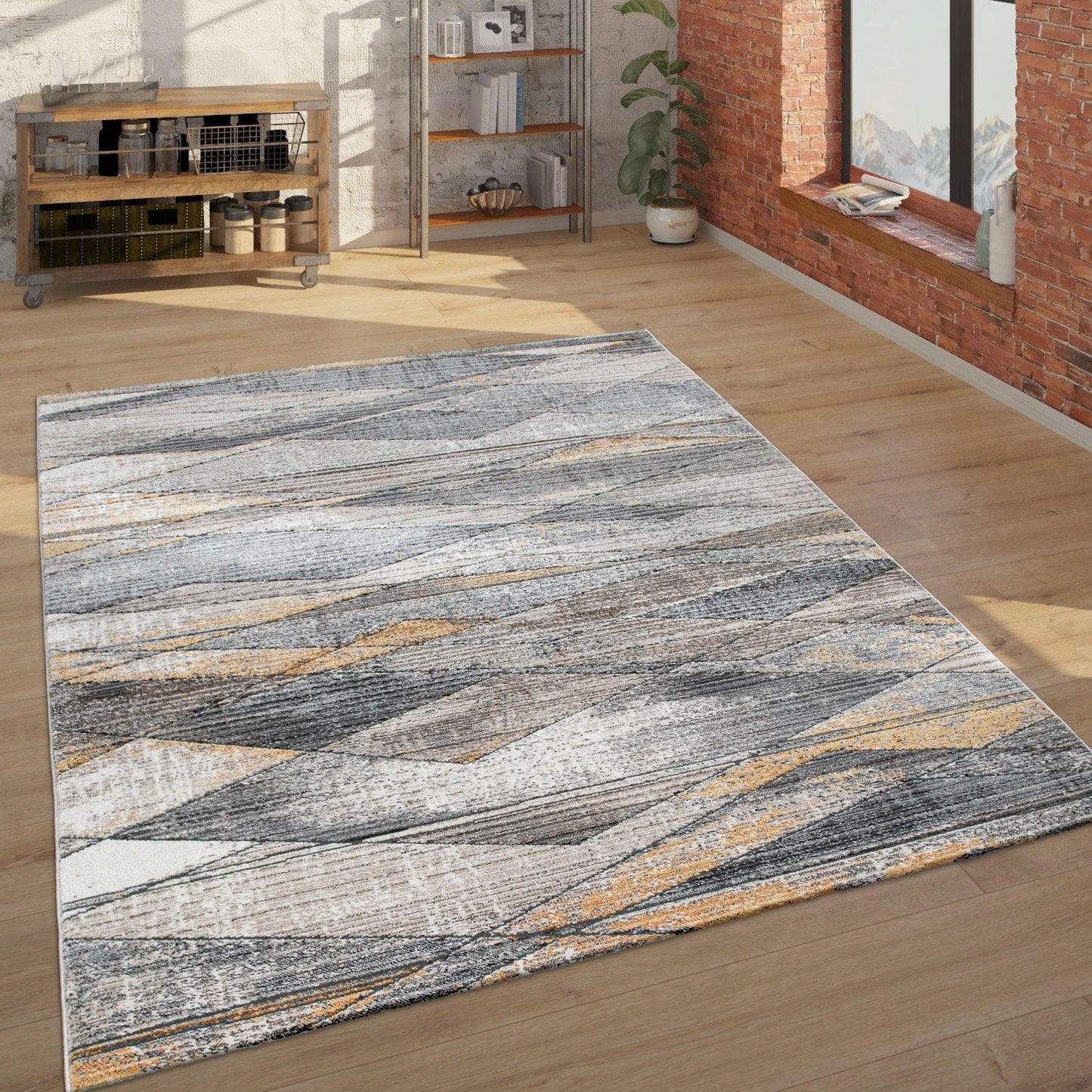 Modern Area Rug Abstract Design 3D Effect in Grey Yellow