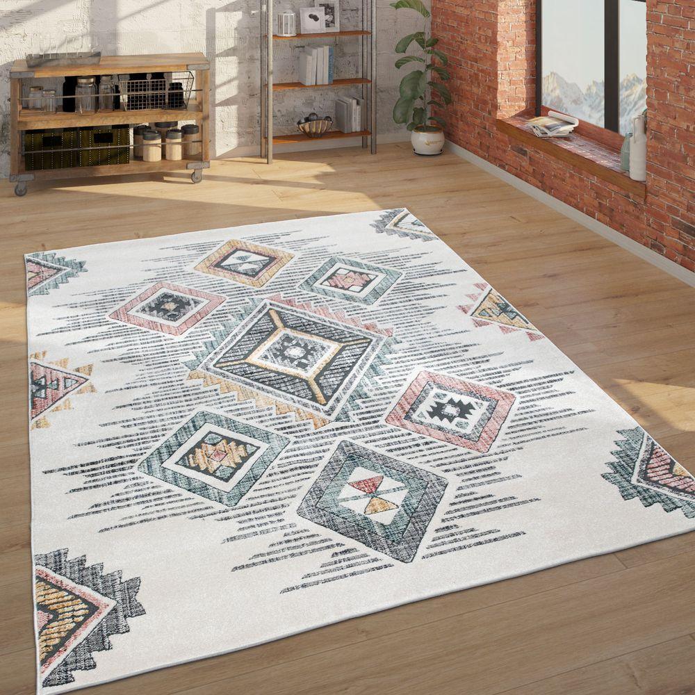 Modern Area Rug Ethnic Design with colorful Pattern in Cream