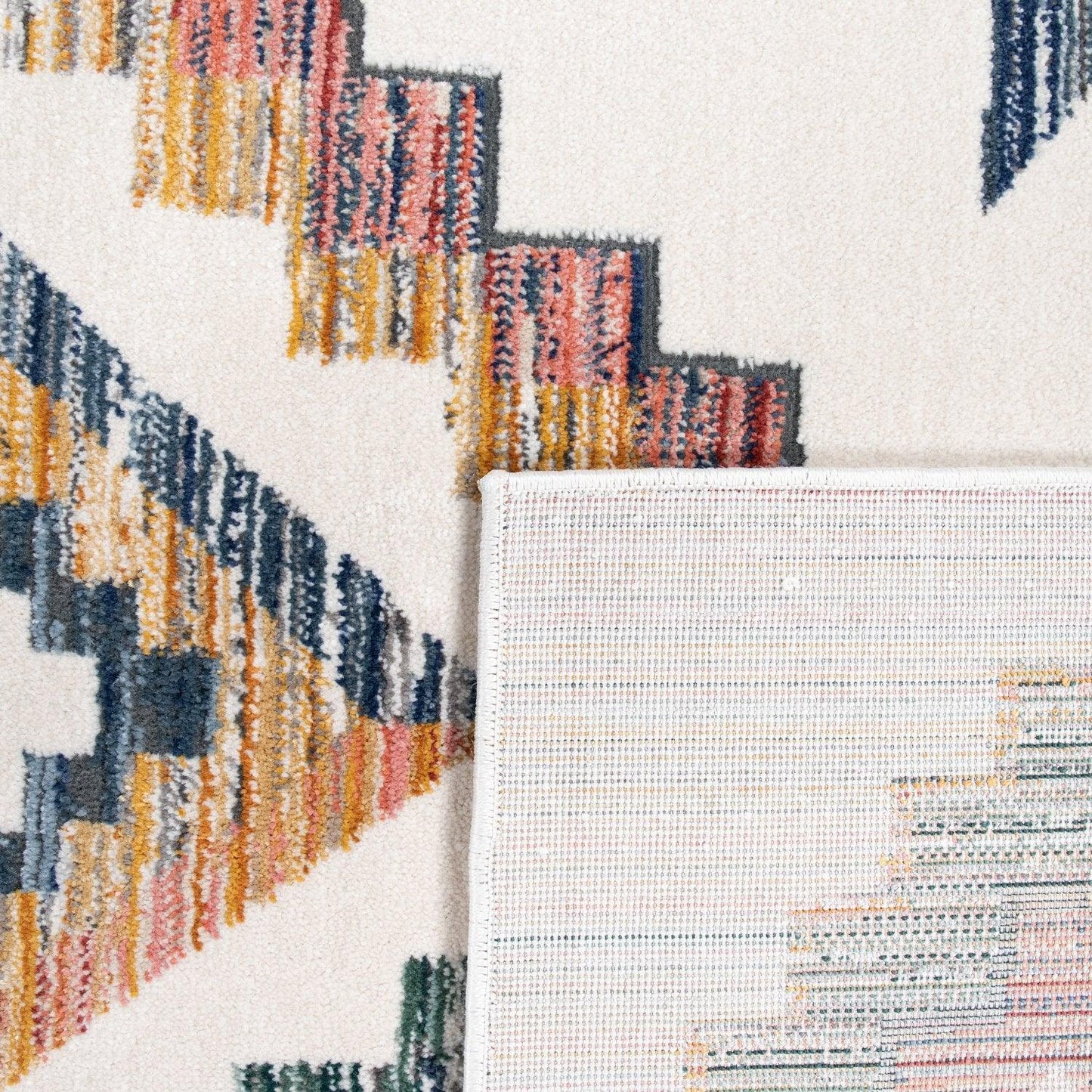 Modern Boho Rug with colorful Diamond Pattern in Cream