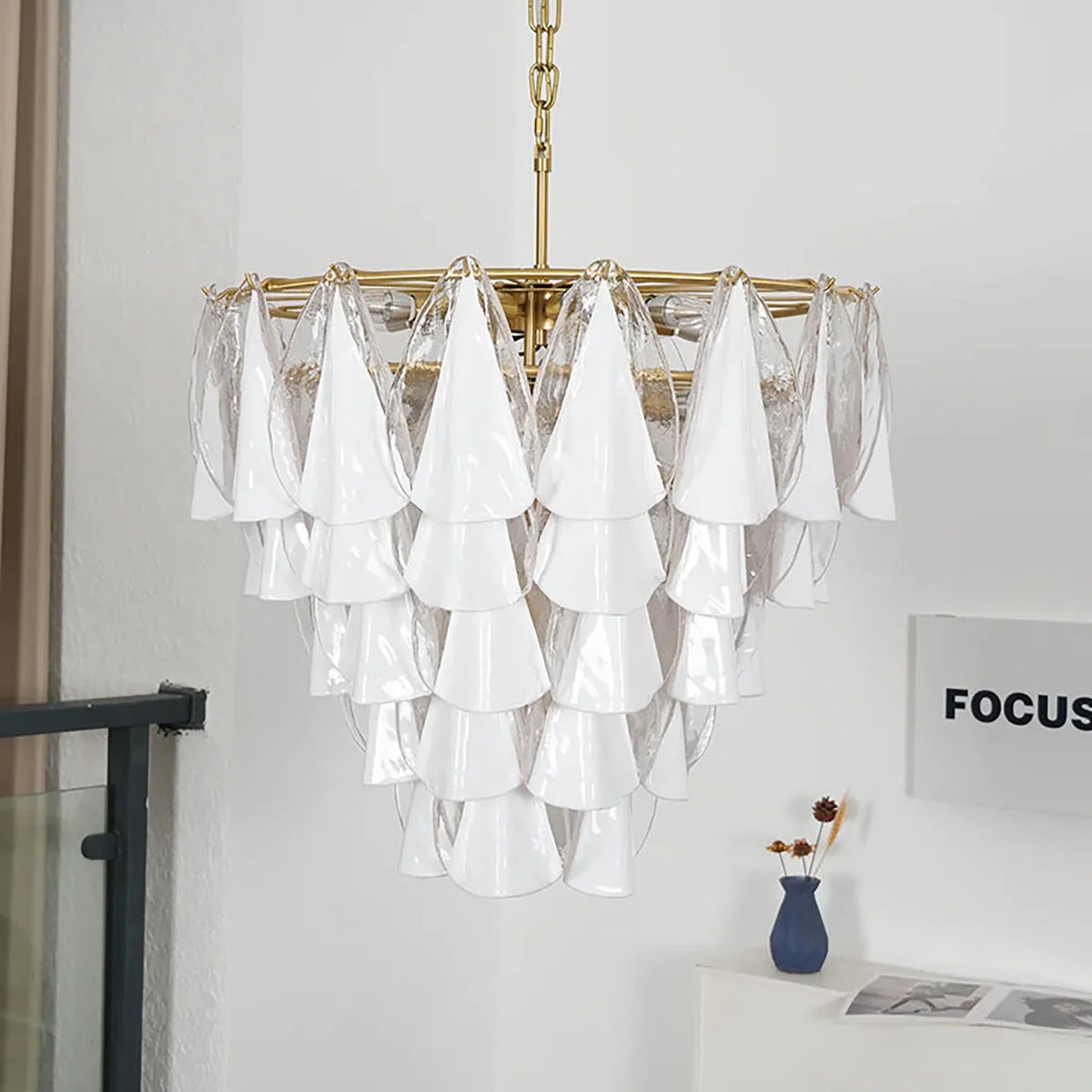 Modern Brass Tiered Glass Chandelier