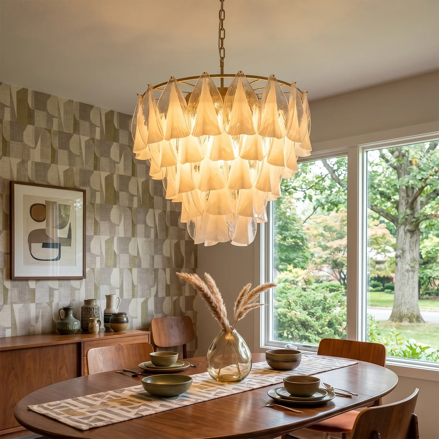 Modern Brass Tiered Glass Chandelier