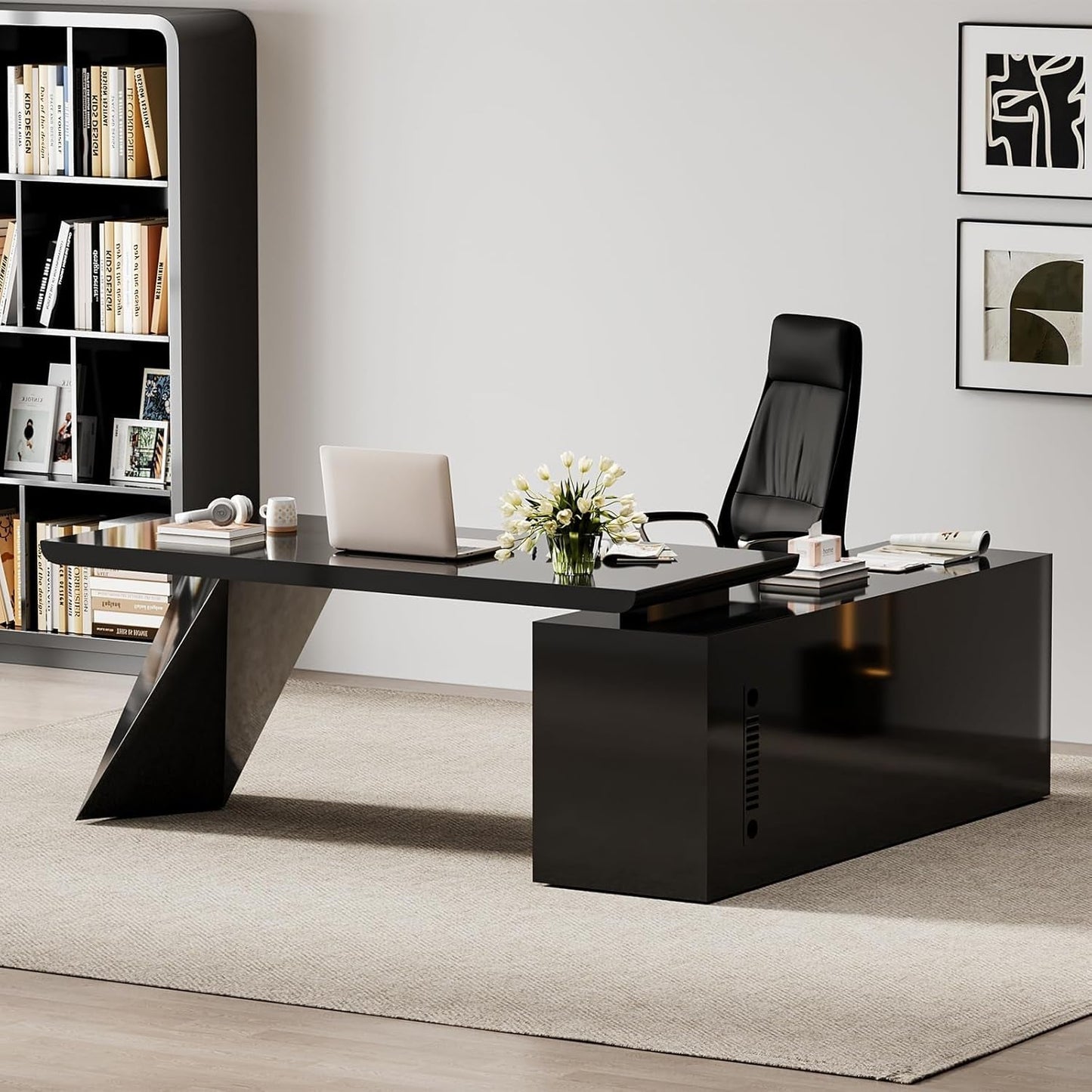 Modern L Shape Executive Desk With Drawers And Cabinet