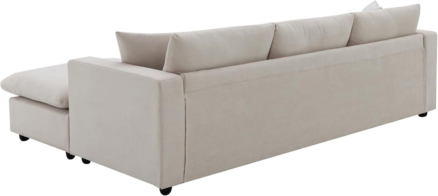 Modern L Shaped Beige Cloud Sofa With Convertible Ottoman