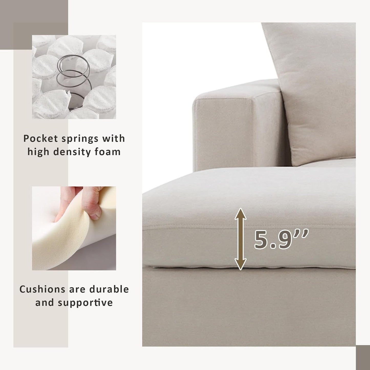 Modern L Shaped Beige Cloud Sofa With Convertible Ottoman