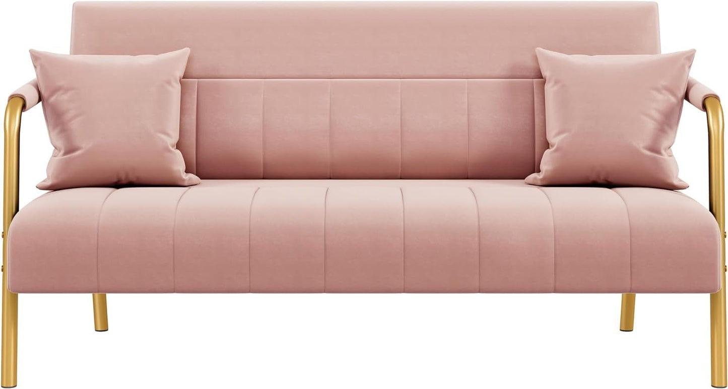 Modern Pink Velvet Sofa with Gold Arms for Living Room