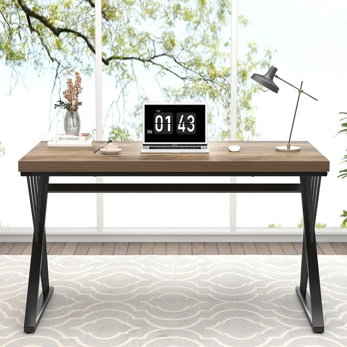 Modern Rustic Oak Computer Desk with Sturdy Metal Frame