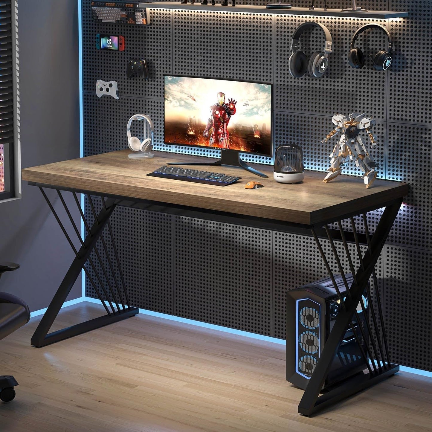 Modern Rustic Oak Computer Desk with Sturdy Metal Frame