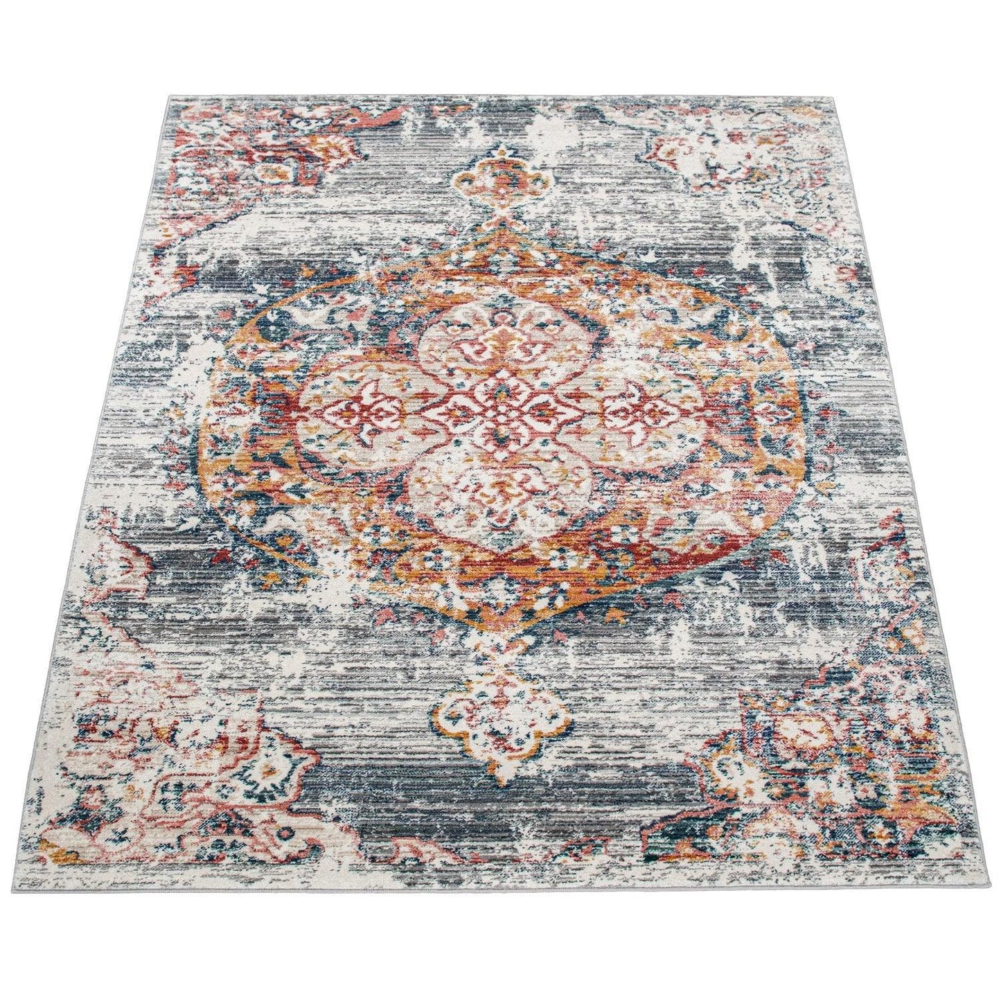 Modern Vintage Rug Oriental Look Abstract Grey Red White