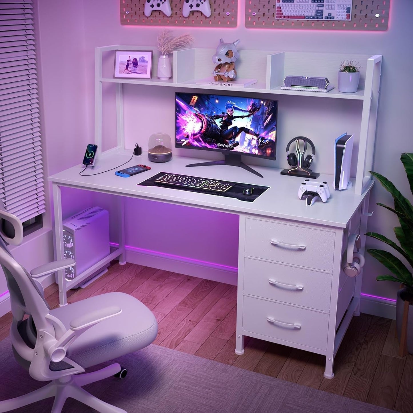 Modern White Computer Desk with Hutch and Drawers