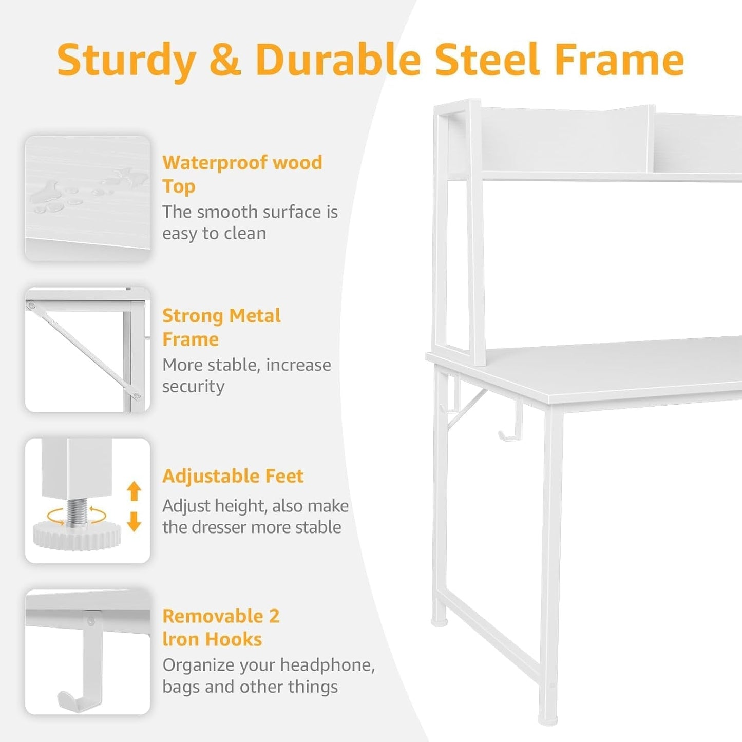 Modern White Computer Desk with Hutch and Drawers