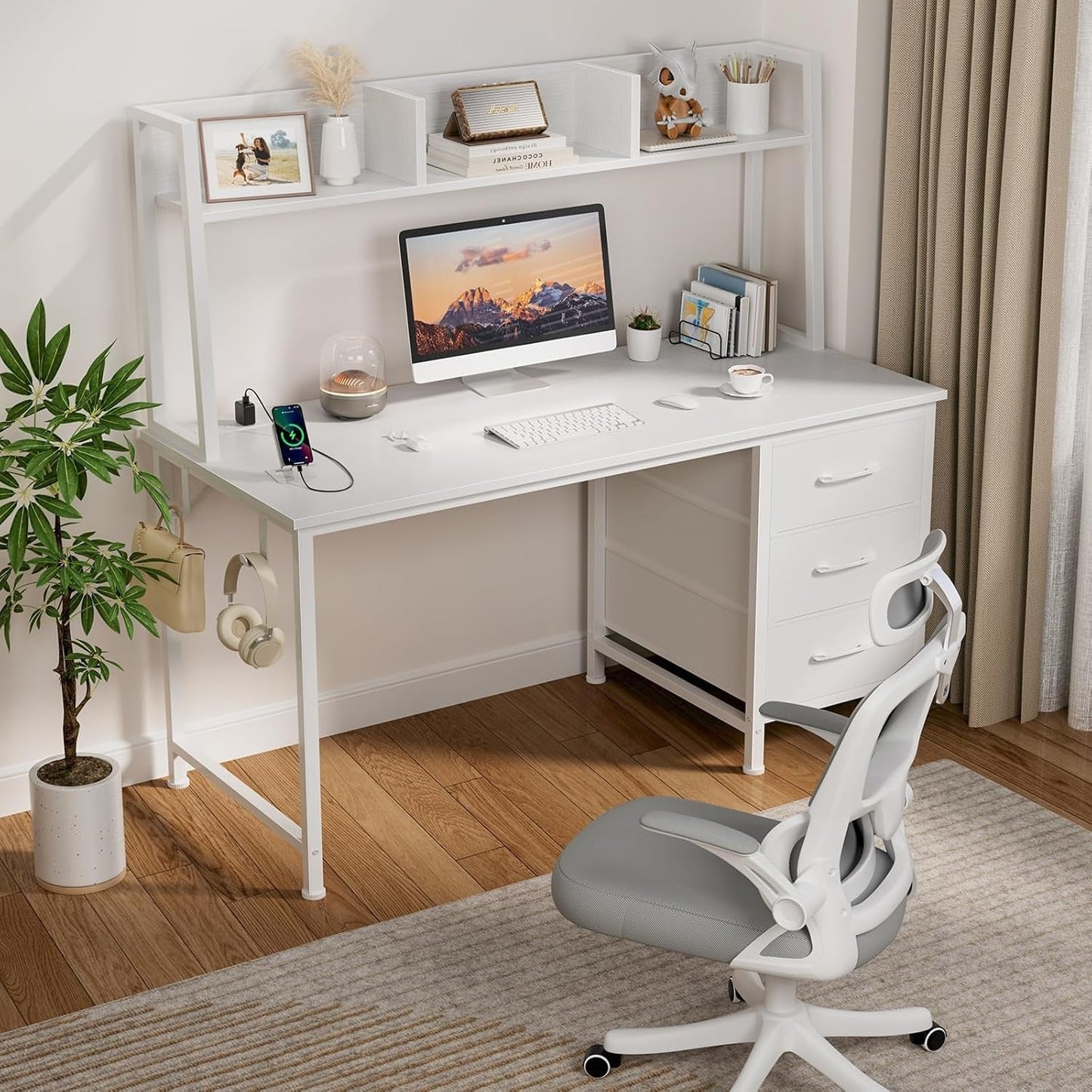 Modern White Computer Desk with Hutch and Drawers