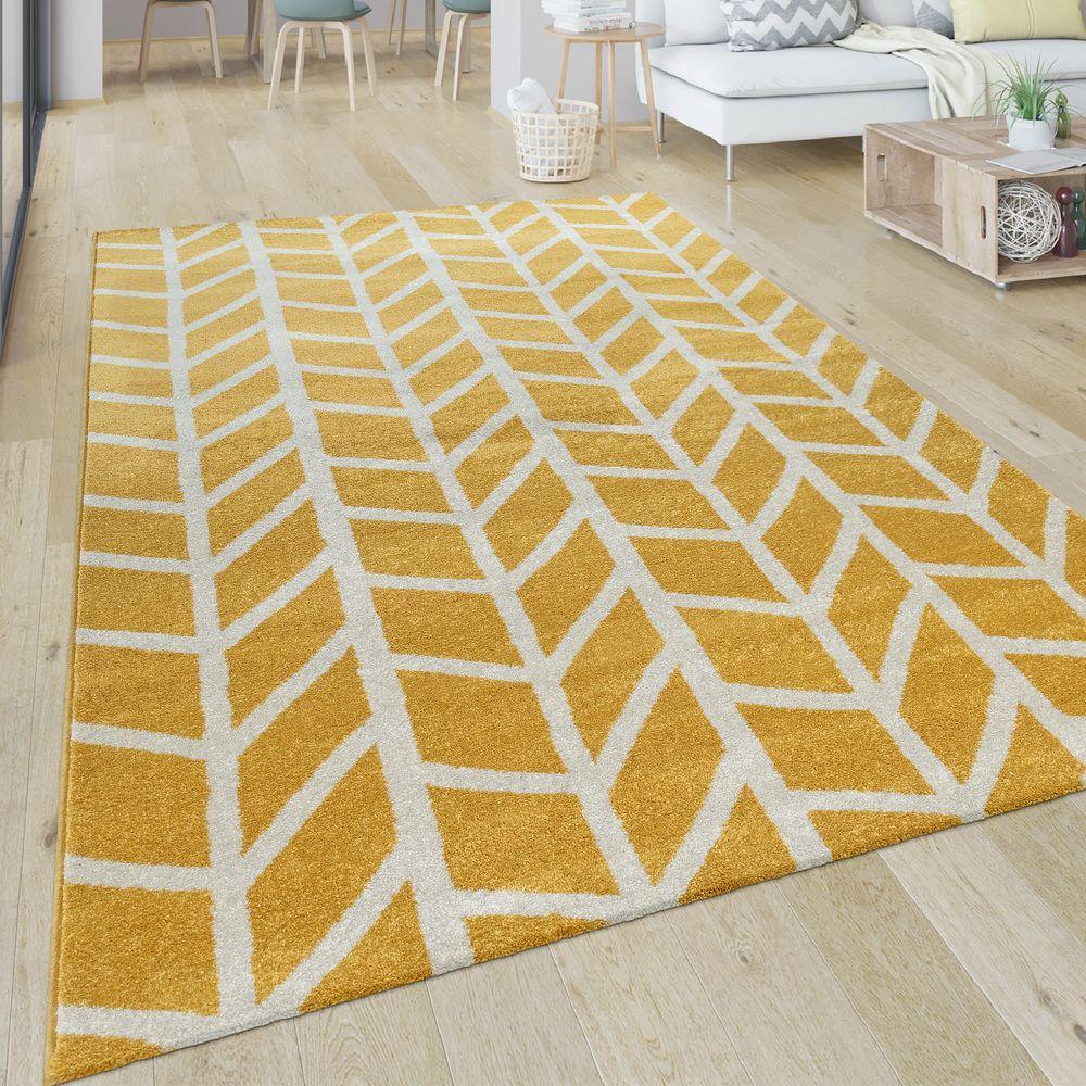 Modern Yellow Area Rug Geometric Chevron Pattern White Stripes