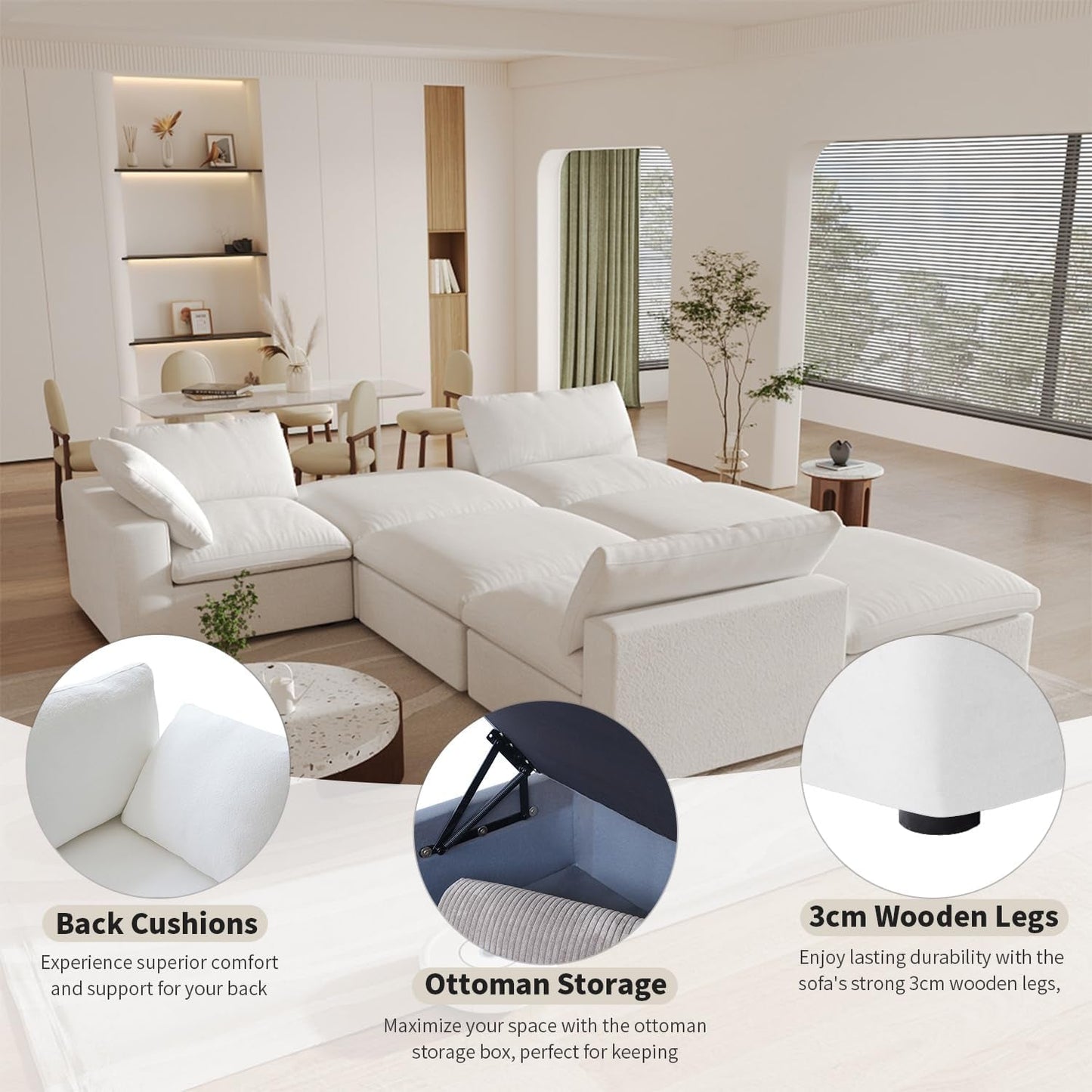 Modular Sectional Sofa with Storage Ottoman and Washable Covers