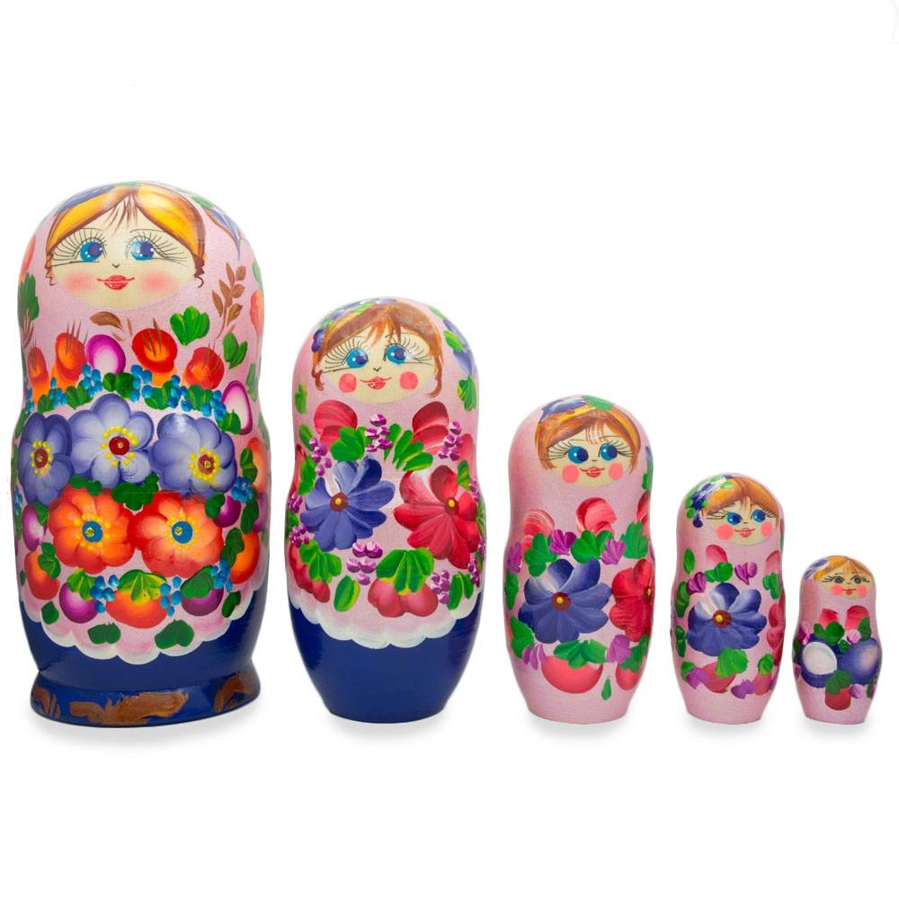 Flowers on Pink Dress Wooden  Nesting Dolls 7.25 Inches