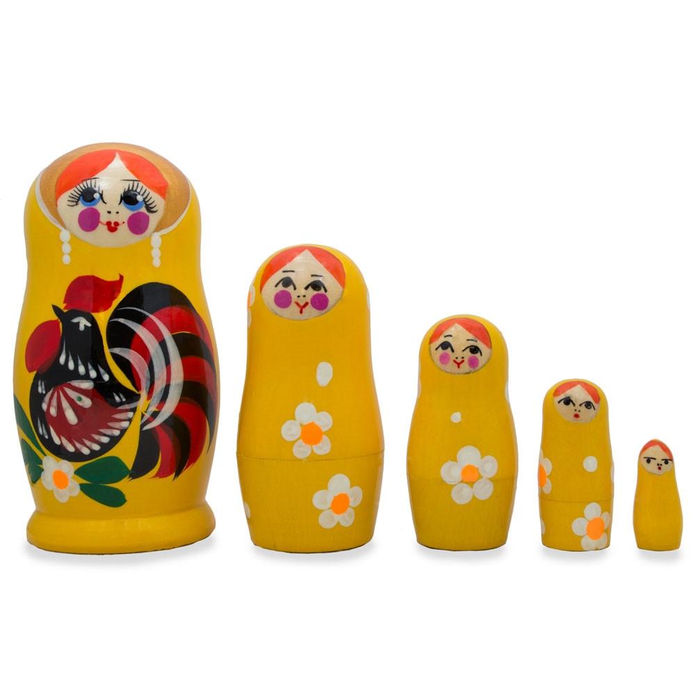5 Rooster and Daisies Floral Wooden  Nesting Dolls 4.5 Inches