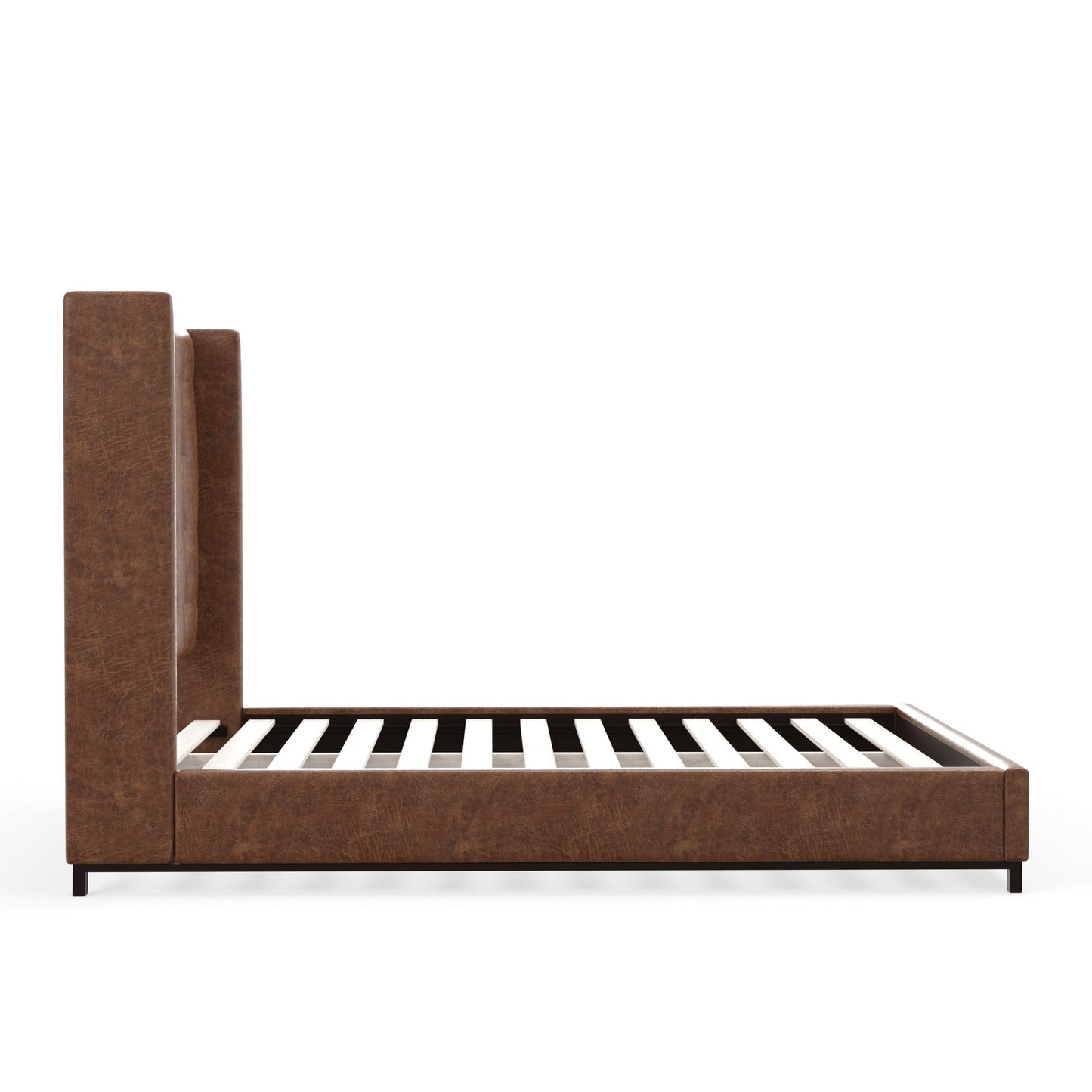 Mundo Platform Bed featuring a tufted wingback headboard in brown faux suede and a low-profile design.