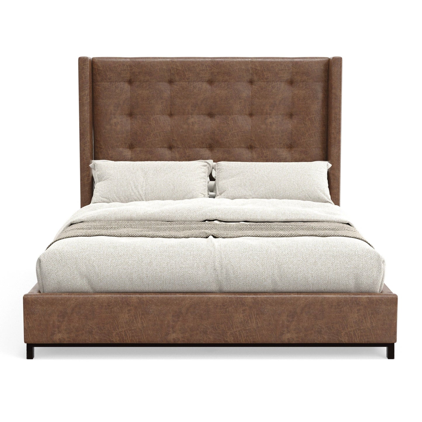 Mundo Platform Bed with tufted wingback headboard in brown faux suede and modern design.