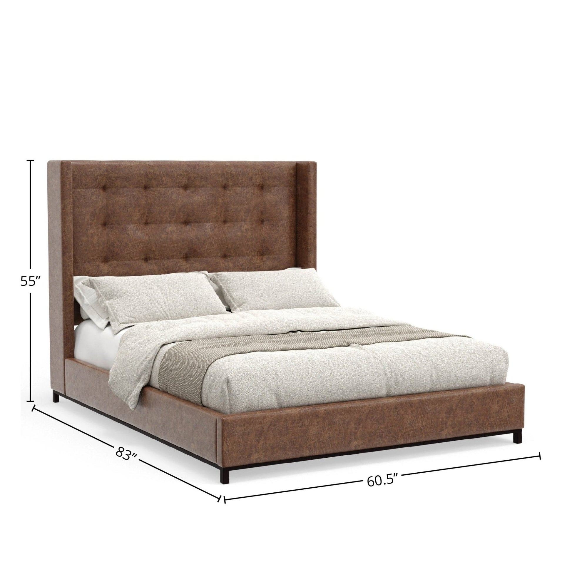Mundo Platform Bed featuring a tufted wingback headboard in rich brown faux suede, modern low profile design.