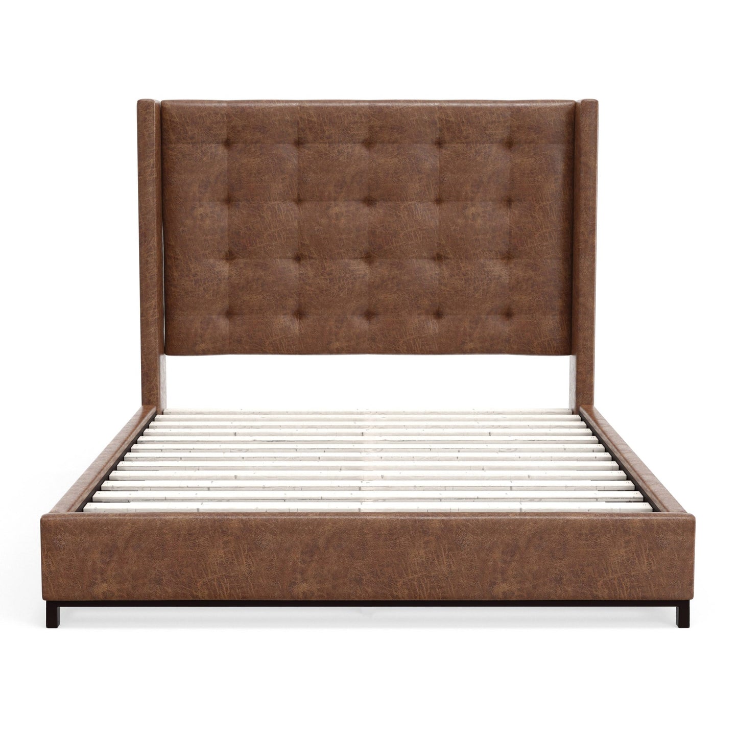Mundo Platform Bed with tufted wingback headboard in brown faux suede and low-profile design.