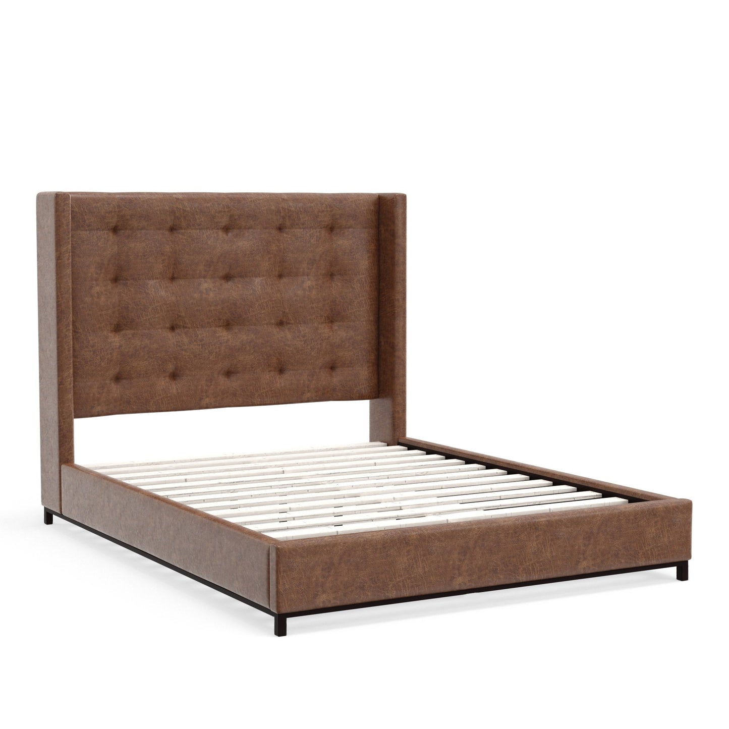 Mundo Platform Bed with tufted wingback headboard in brown faux suede and low-profile black wood legs.