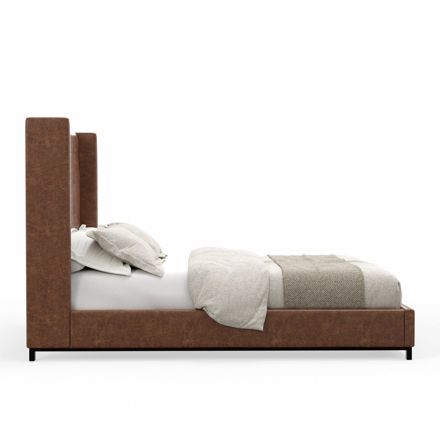 Mundo Platform Bed featuring a tufted wingback headboard in rich brown faux suede and low-profile wood legs.
