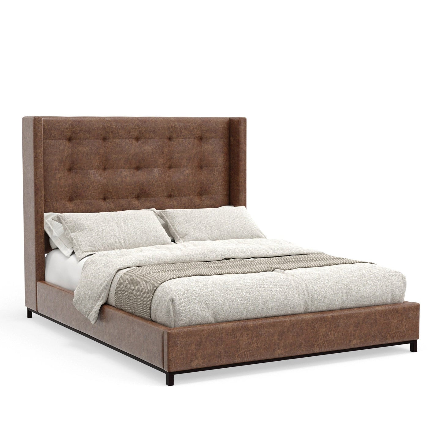 Mundo Platform Bed featuring a tufted wingback headboard in rich brown faux suede and a low-profile design.