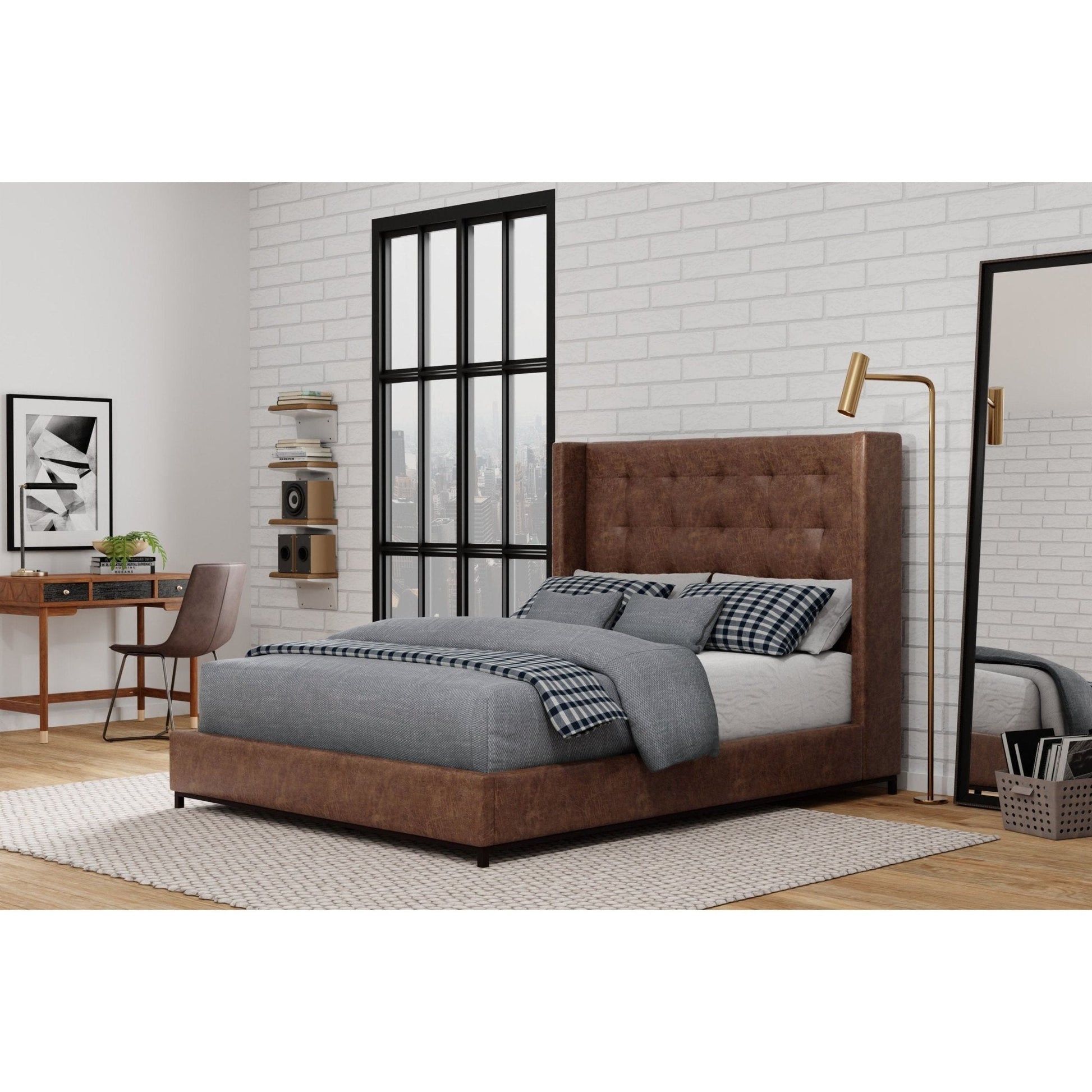 Mundo Platform Bed featuring a tufted wingback headboard in brown faux suede, placed in a modern bedroom setting.