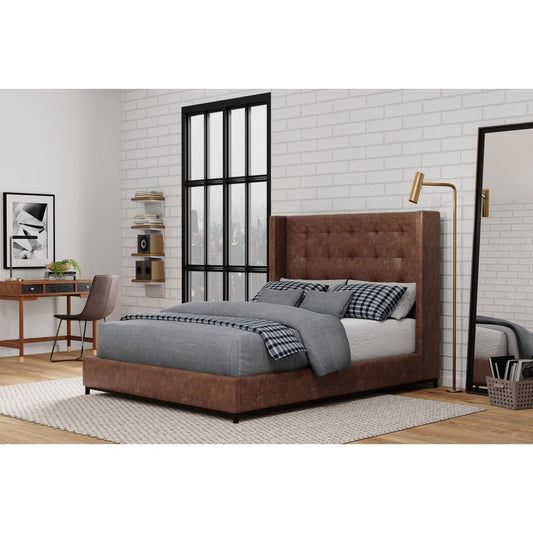 Mundo Platform Bed featuring a tufted wingback headboard in brown faux suede, placed in a modern bedroom setting.