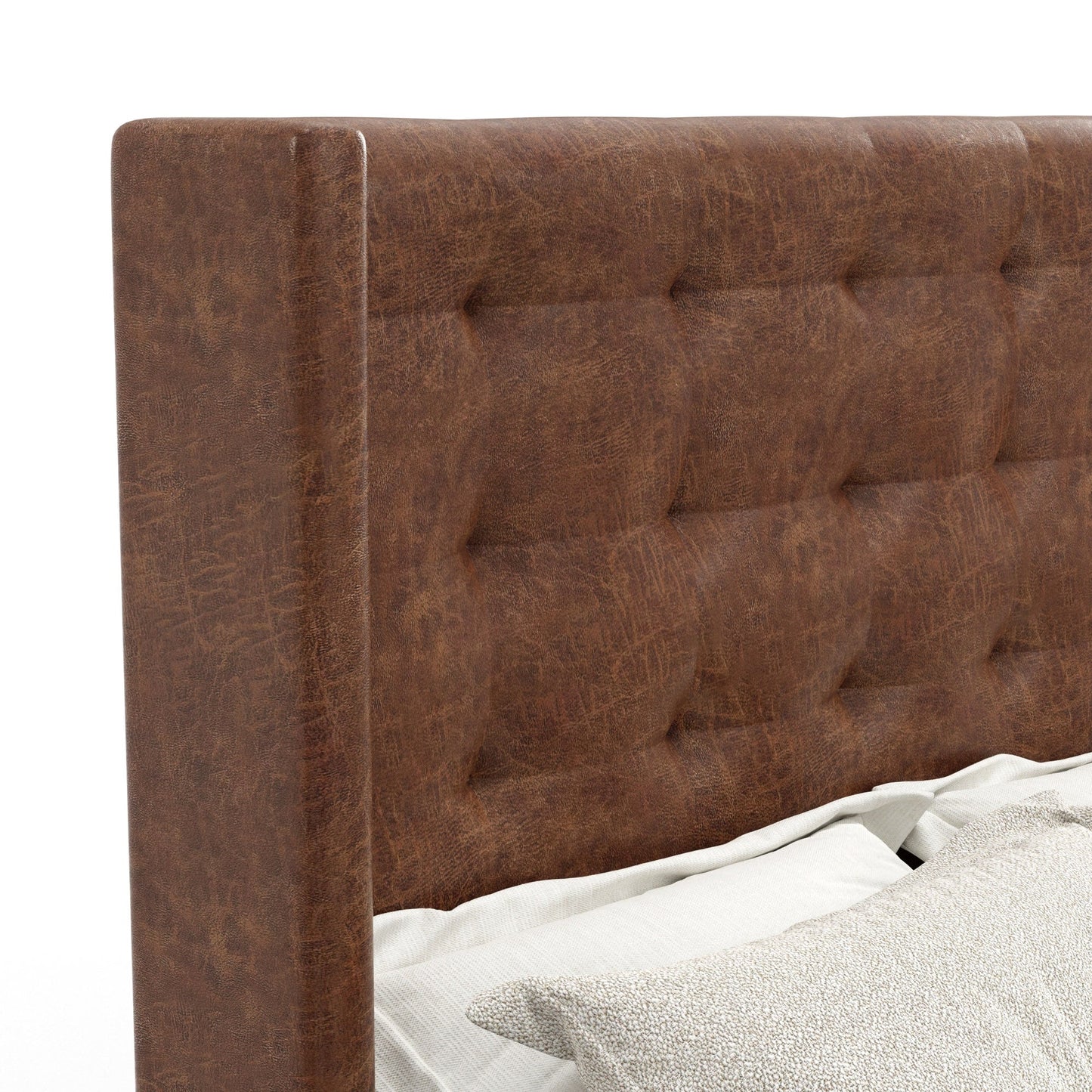 Close-up of the tufted wingback headboard of the Mundo Platform Bed in rich brown faux suede material.