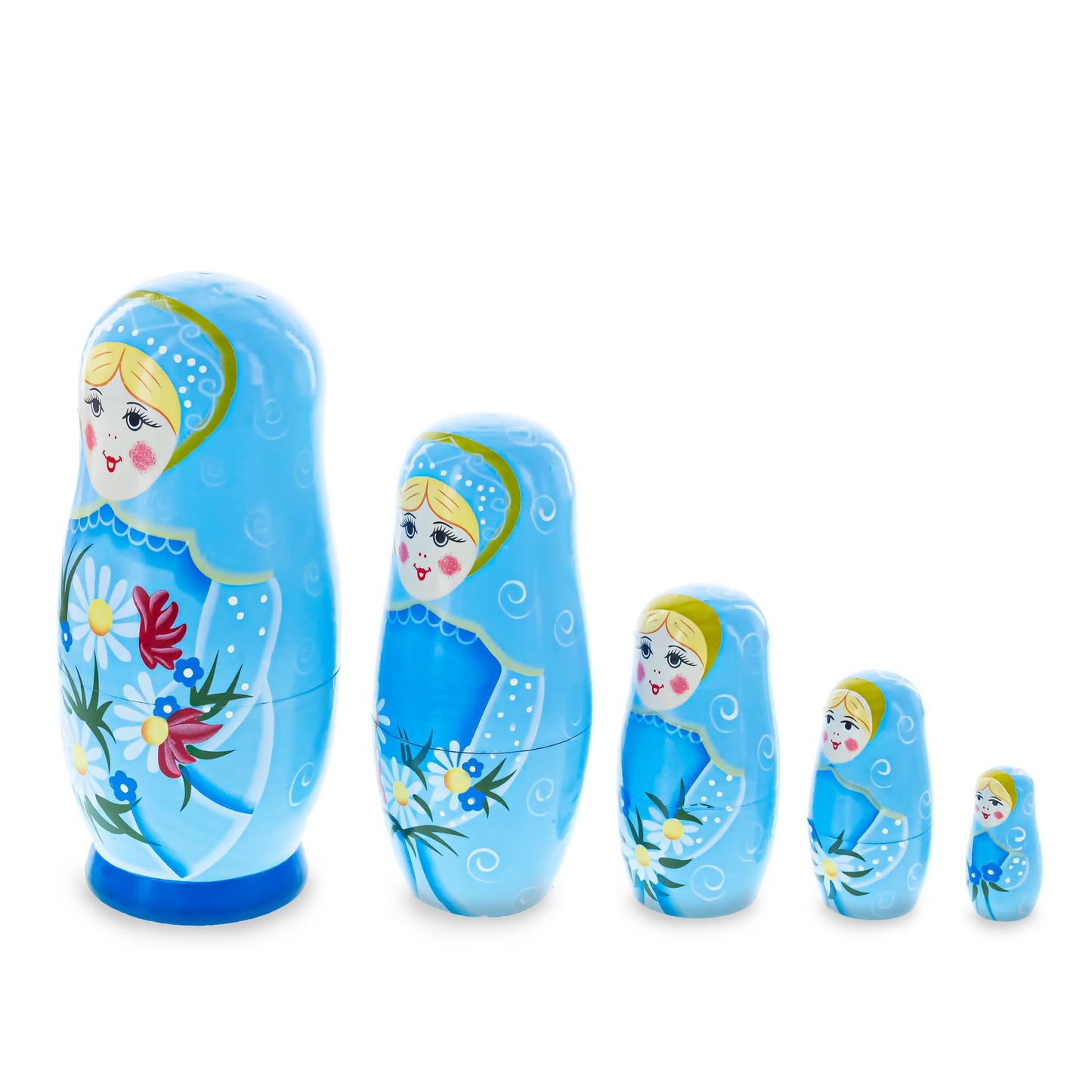 5 Girls with Daisy Flowers & Blue Skirt Wooden Nesting Dolls 6 Inches