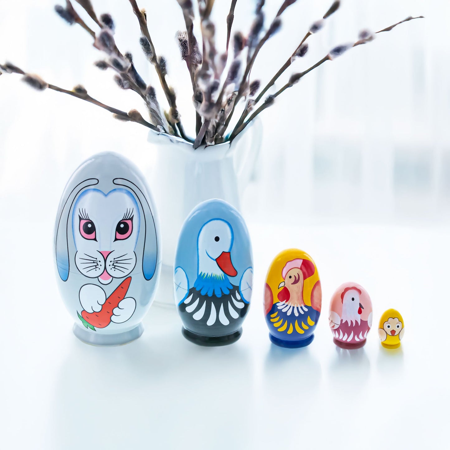 5 Bunny, Duck, Rooster, Hen & Chick Egg Shape Wooden Nesting Dolls 5 Inches