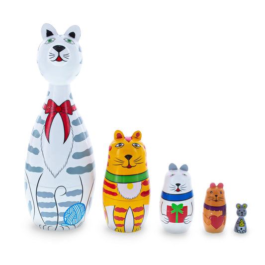 Four Cats and Mouse Wooden Nesting Dolls 7 Inches