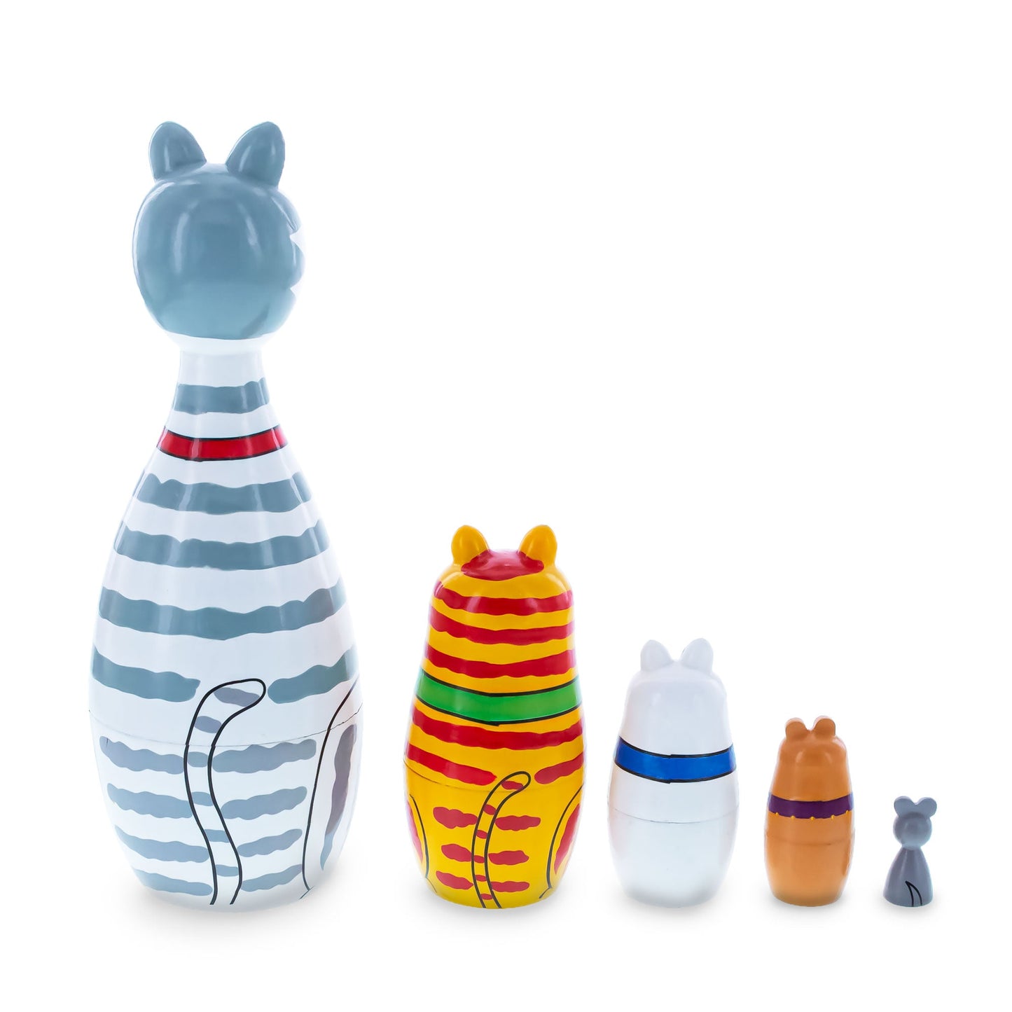 Four Cats and Mouse Wooden Nesting Dolls 7 Inches