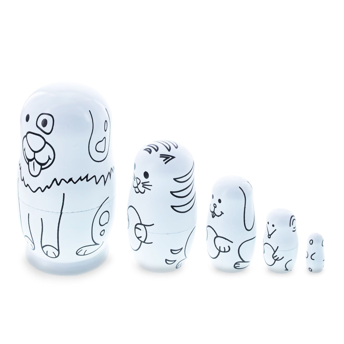 5 Unpainted Animals Wooden Nesting Dolls Matryoshka 4.75 Inches