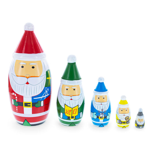 Set of 5 Multicolor Santa with Christmas Gifts Wooden Nesting Dolls 5.5 Inches