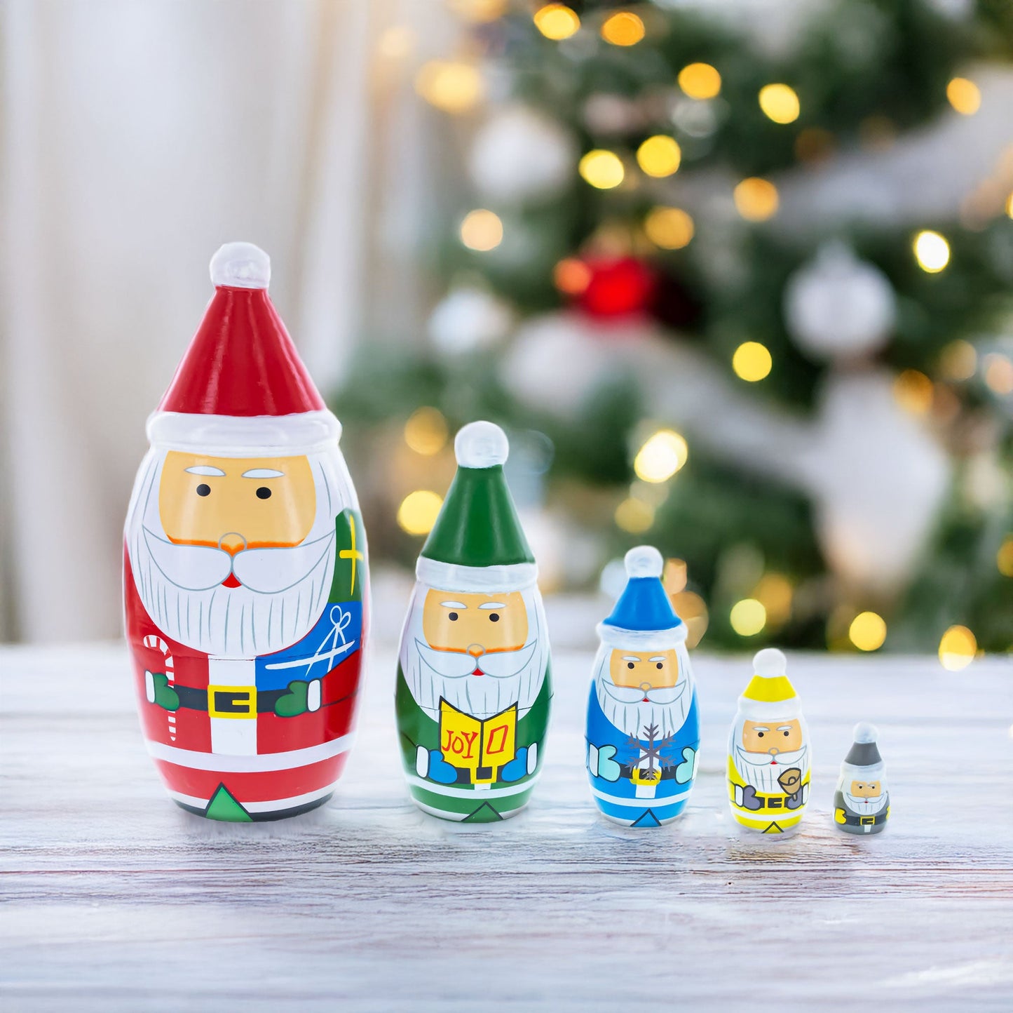 Set of 5 Multicolor Santa with Christmas Gifts Wooden Nesting Dolls 5.5 Inches