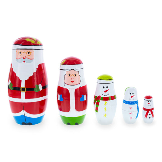 Set of 5 Santa and Snowmen Wooden Nesting Dolls 5.5 Inches