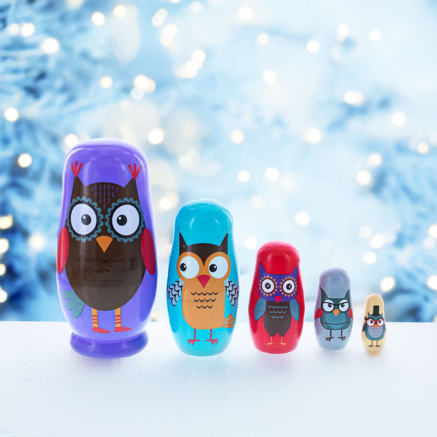 Set of 5 Wise Owls Family Wooden Nesting Dolls 5.75 Inches