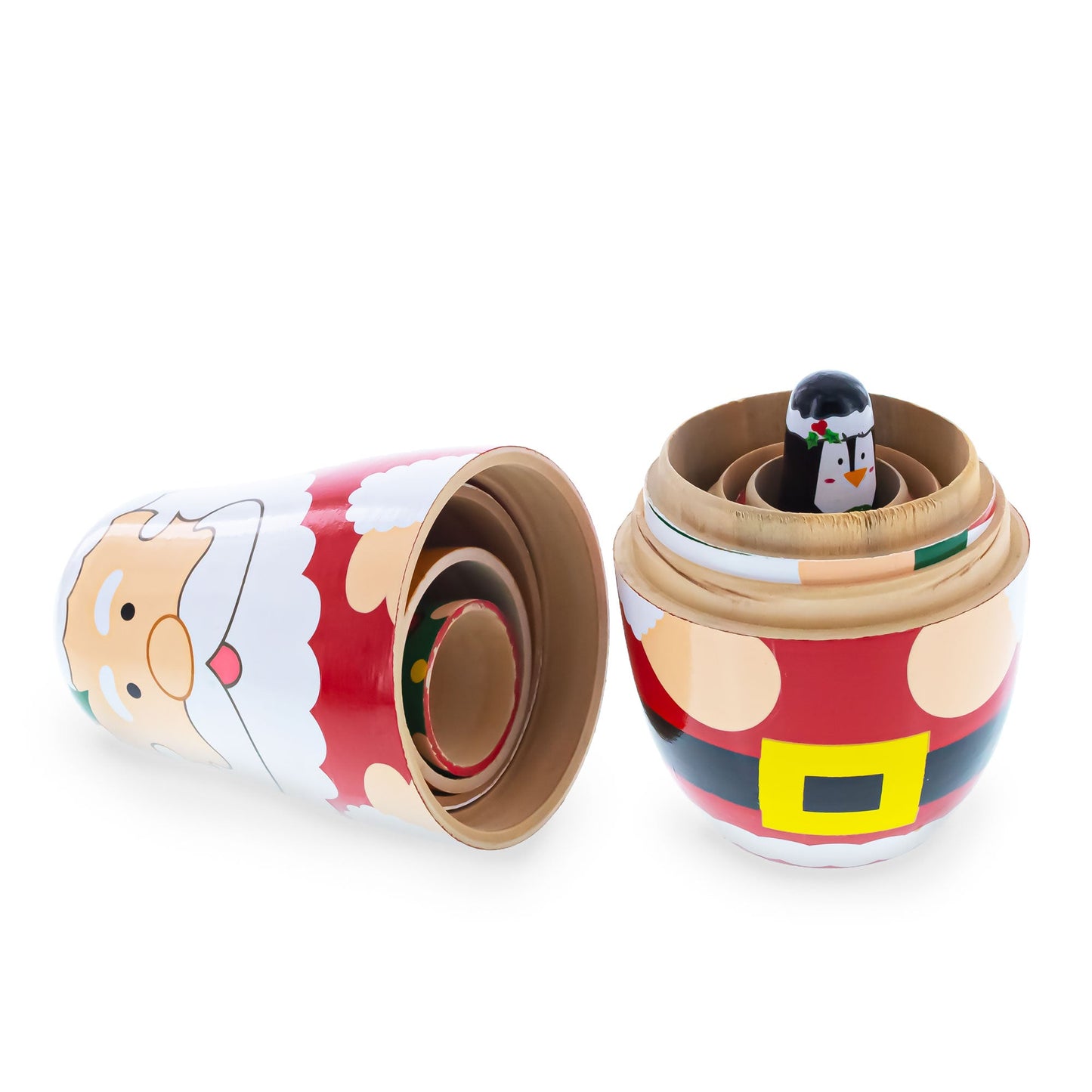 Santa, Mrs. Claus, Reindeer, Elf Wooden Nesting Dolls 6 Inches